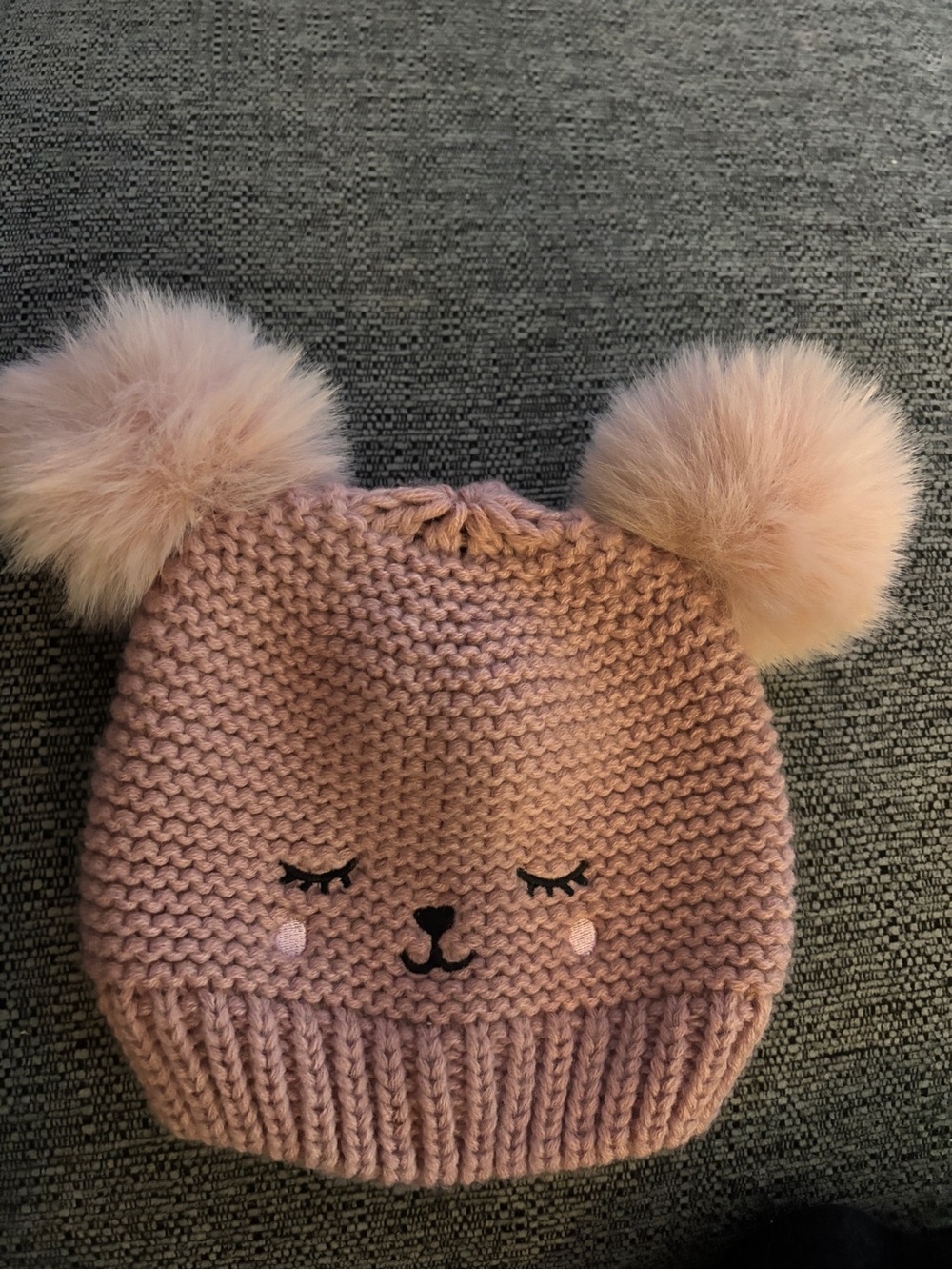 Pink Knit Pom Pom Baby Beanie with Cute Face
